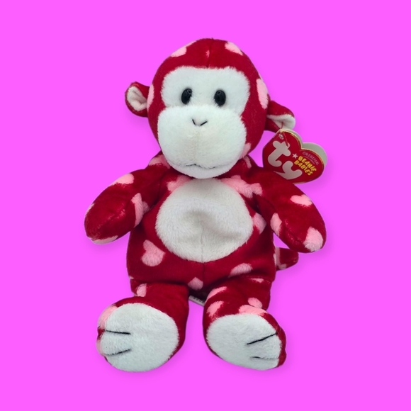 Ty Other - Ty Beanie Baby Bliss The Monkey Red w/ Pink Hearts Plush